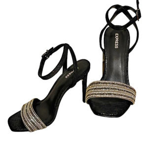 Express Black Open Toe Black Heels with Rhinestones